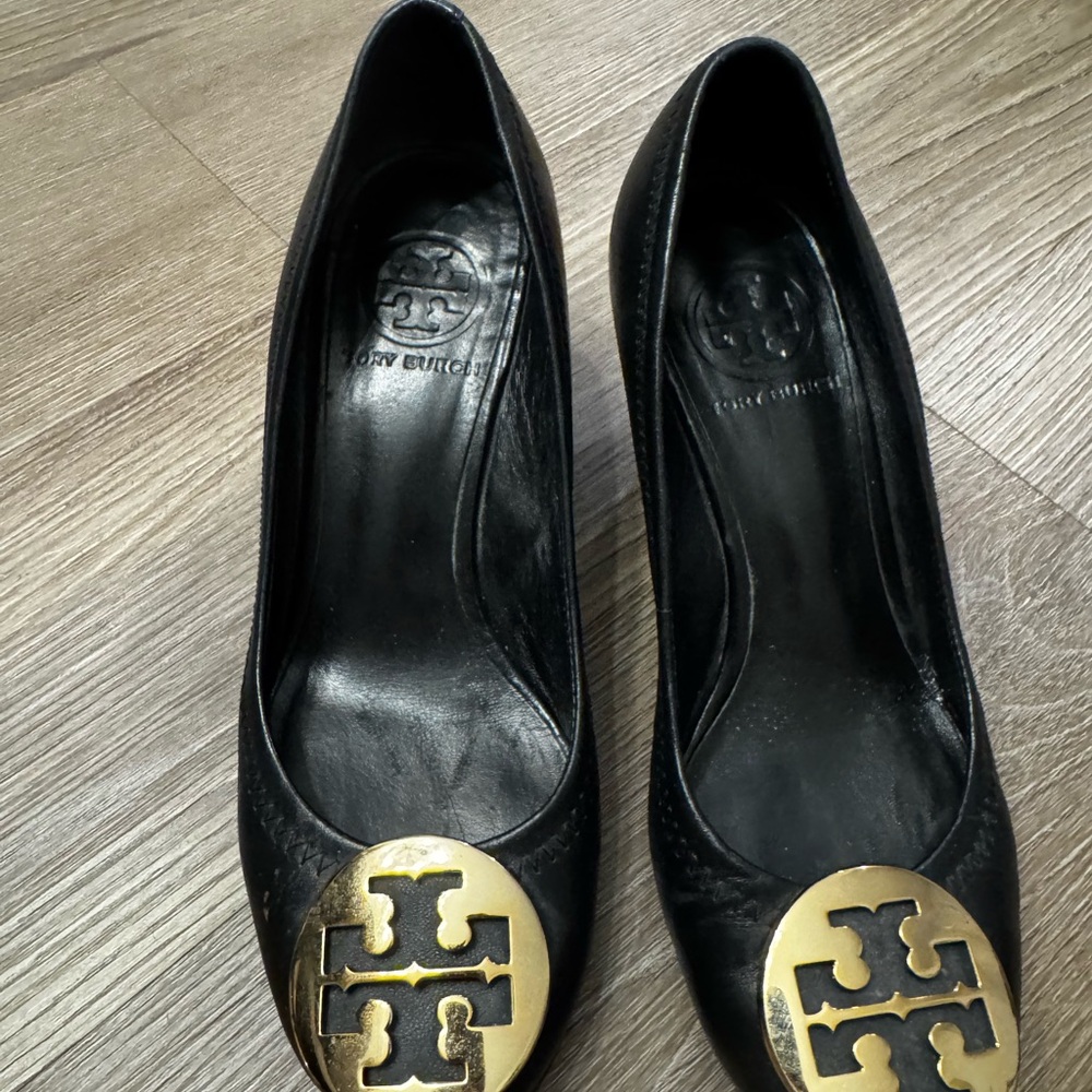 Tory Burch Black Heels with Gold Emblem